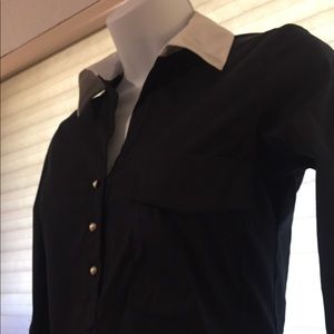 Zara navy career shirt blouse with pearl buttons